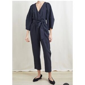 Apiece Apart Navy Blue Puff Sleeve Wrap Jumpsuit Braided Belt Size 10